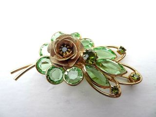 Hobe Green Glass Floral Brooch & Earrings Vintage 40s 50s Signed Rare