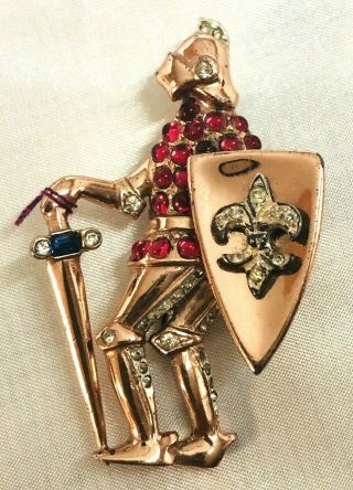 Rare Coro Craft Sterling Silver Vermeil Figural Knight Sword & Shield Fur Pin