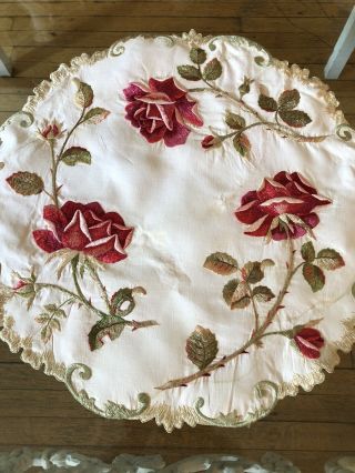 Antique Linens - “royal Society “ Tablecloth W/ Red Roses