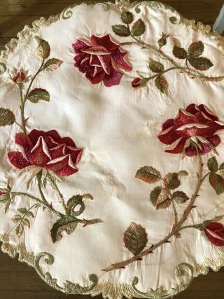 ANTIQUE LINENS - “ROYAL SOCIETY “ TABLECLOTH W/ RED ROSES 2
