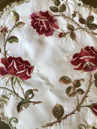 ANTIQUE LINENS - “ROYAL SOCIETY “ TABLECLOTH W/ RED ROSES 8