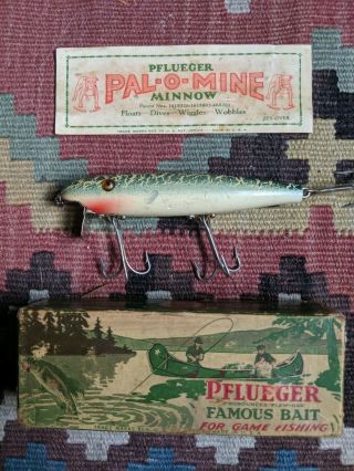 Vintage Antique Pflueger Pal - O - Mine Palomine Minnow Green Cracked Wood Lure Box