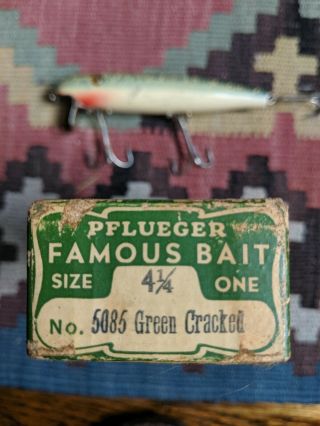 Vintage Antique Pflueger Pal - O - Mine Palomine Minnow Green Cracked Wood Lure Box 3