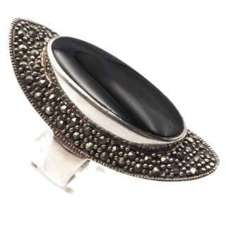 Vintage Estate Sterling Silver Onyx Marcasite Large Oval Ring Size 8