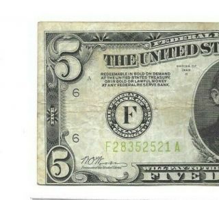 $5 1928 - C (rare) (rare) " Atlanta " (fr - 1953 - F) 1928 - C " Error " (atlanta) Error Cut
