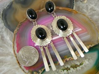 Vintage Navajo Sterling Silver Onyx Chandelier Earrings 3 1/8 " Dangle Tassel
