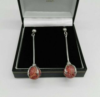 Red Coral And 925 Silver Ball And Claw Set Dangle Drop Earrings Vintage Art Deco