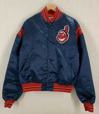Vintage Cleveland Indians Blue Satin Chief Wahoo Starter Dugout Jacket Adult Xl
