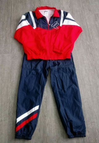 Vintage 80s 90s Fila Windbreaker Track Suit Jacket Pants Set Sz M L Blue Red