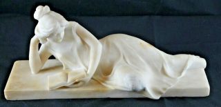 Antique 19thc Carved White Marble Or Alabaster Sculpture Reclining Woman W/ Book