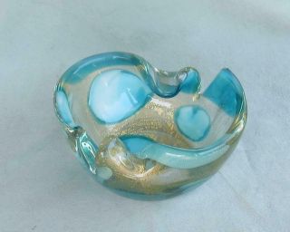 Vintage Murano Art Glass Bowl Ashtray Gold Fleck & Blue