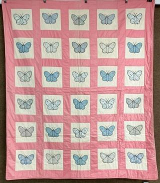 Cottage C 30s Butterfly Applique Quilt Vintage Pink Blue