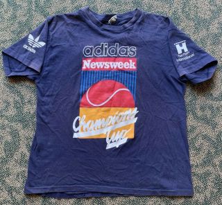 Vintage 80s Adidas Newsweek Champions Cup T - Shirt Tennis 1988 Blue Navy Size L