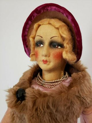 Small Antique Flapper Boudoir Bed Doll Silk Dress Necklace Real Fur Stole Hat