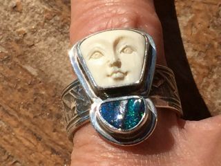 Tabra Carved Face & Blue Opal Signed Silver Handcrafted Vintage Ring Size 8.  5