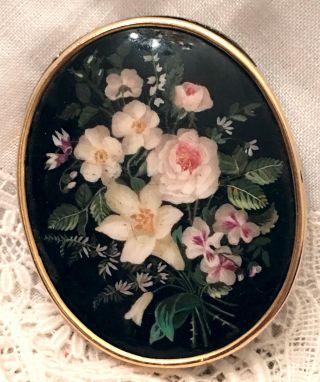 Antique Victorian Hand Painted Flower Bouquet Floral Rose Mop Brooch Pin 9k Gold