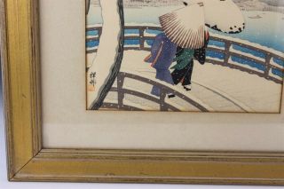 Antique Japanese Figural Winter Landscape Scene Colored Woodblock Print NR EDD 2