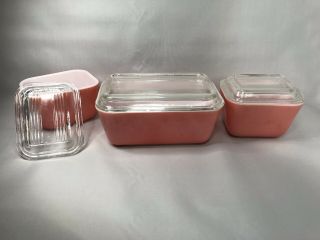 Vintage Pyrex Pink Refrigerator Dish Set 3 Piece With Glass Lids 501 502