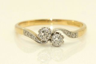 Vintage 18ct Gold & Platinum Two Diamond Crossover Engagement Ring,  Size N 1/2