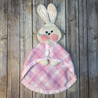 Fisher Price 443 Vtg 1979 Bunny Rabbit Lovey Security Blanket Pink Plaid Satin
