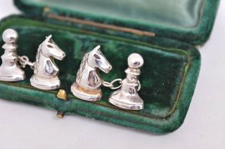 Vintage Mens Sterling Silver cufflinks with Art Deco Chess knight and pawn G773 2