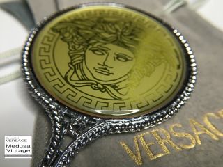 Gianni Versace Vintage Metal Handheld Mirror Medusa Silver Hand Pouch Italy