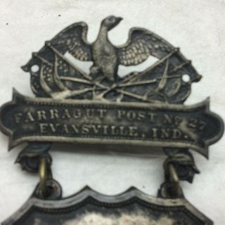 Vintage G.  A.  R.  Farragut Post 27 Civil War Medal Evansville Indiana Ornate 2