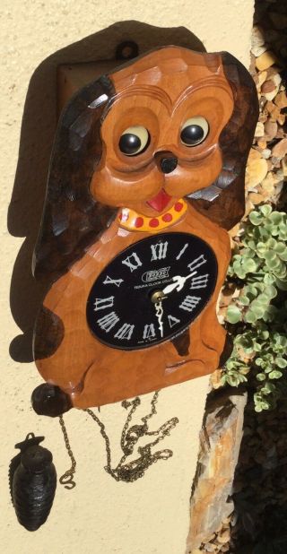 Cute Vintage Tezuka Poppo Japan Carved Wood Moving Eyes Dog Wall Clock