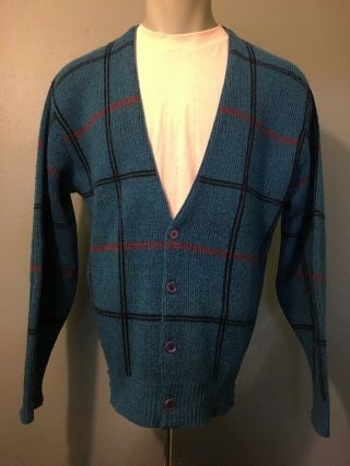 Vtg 50s 60s Penneys Blue Black Red Wool Cardigan Sweater Mens L Golf Boyfriend
