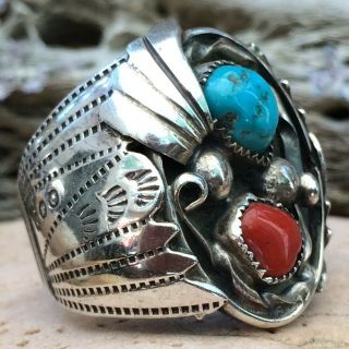 Large Vintage Navajo Sterling Silver Turquoise Coral Ring Sz11 Old Pawn Wow L@@k