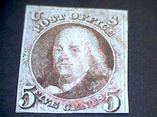 U.  S.  Stamp Scott 1 (verified) Red Cancel 1847 Rare
