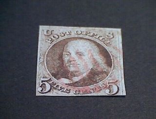U.  S.  Stamp Scott 1 (verified) red cancel 1847 Rare 3