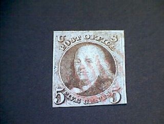U.  S.  Stamp Scott 1 (verified) red cancel 1847 Rare 5