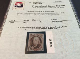 U.  S.  Stamp Scott 1 (verified) red cancel 1847 Rare 7