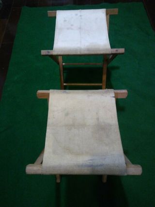Vintage Camping Fishing Stool Set Of 2 Wood Canvas Camp Seat Folding Wooden