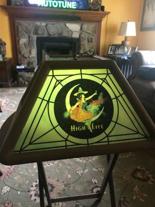 Vintage 1982 Miller High Life Witch On Moon Hanging Bar Pool Table Light 21x13.