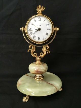 Vintage Hollywood Regency Ritz Footed Mantel Alarm Clock W/ Marble Brass Cherub