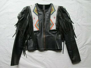 Vintage (1985) Black Leather Jacket With Fringe And Indian Bead Work Women 