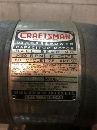 Vintage Craftsman Electric Table Saw Motor Model 115.  7556 3450RPM 1/2 HP 2