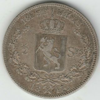 1847 Norway 1/2 Specie Daler Silver Low Mintage Very Rare