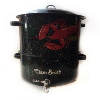 Vintage 1950 Enamel 3 Piece Steamer Pot W/ Spout Clam Bake Crabs Lobster Corn C