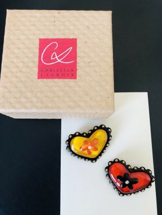 Christian Lacroix S1994 Vintage Brooch Mini X2 Heart Shaped Red Yellow