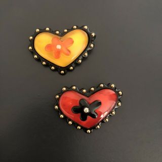 Christian Lacroix S1994 vintage brooch mini x2 heart shaped red yellow 3