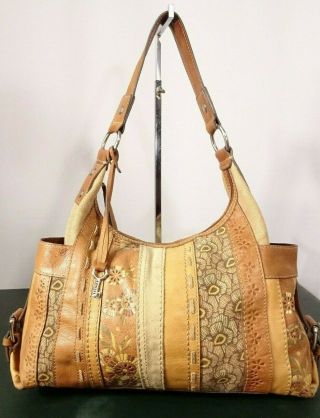 Vintage Fossil Tan " Carpet Bag Style " Leather/suede/canvas Satchel Handbag Purse