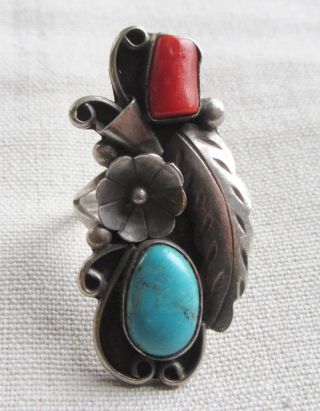 Vintage Large Ring Sterling Silver Turquoise & Coral Signed Lb Size 6
