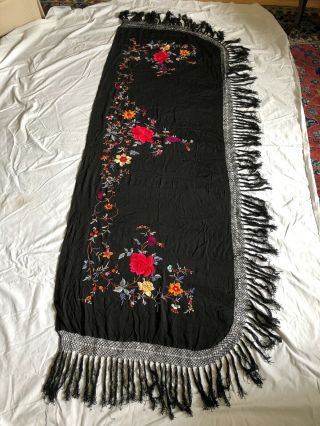 Vintage Black Chinese Embroidered Silk Piano Shawl.  Early 1900s.