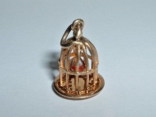 Vintage 14k Yellow Gold 3d Moveable Birdcage Bird Charm