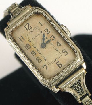 Vintage Elgin Ladies Wristwatch 14k White Gold Filled Art Deco Style Band