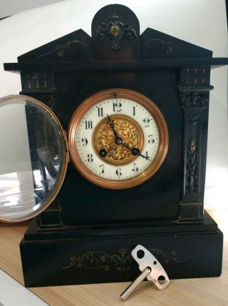 Antique French Black Marble Mantle Clock Gold Accents S Marti Medaille D 