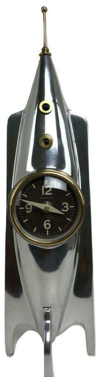 Vtg Mid Century Modern Style Atomic Space Ship Age Stainless Steel Rocket Clock